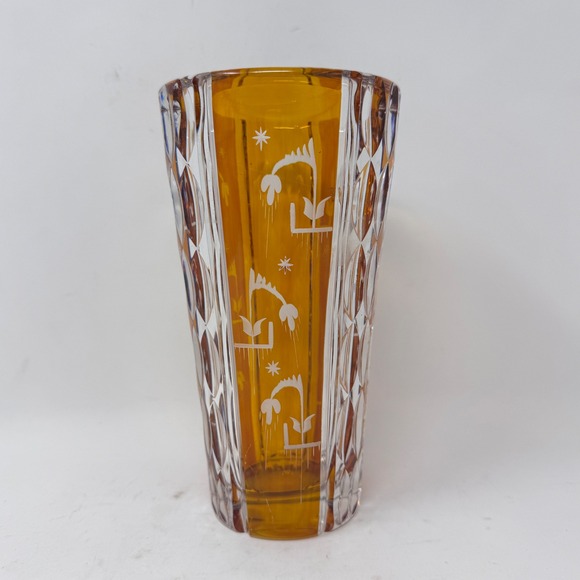 Vintage Amber Cut Crystal Vase Etched Floral Cased Glass 8